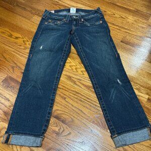 True Religion Cropped Distressed Straight Leg Cuffed Jeans For Women